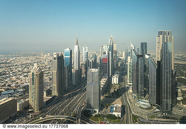 United Arab Emirates  Dubai  View of downtown skyscrapers and surrounding cityscape