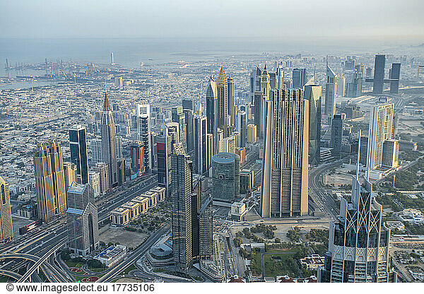 United Arab Emirates  Dubai  View of tall downtown skyscrapers