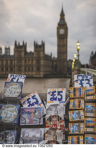 United Kingdom  England  London  souvenir stall in front of Themse river and Big Ben