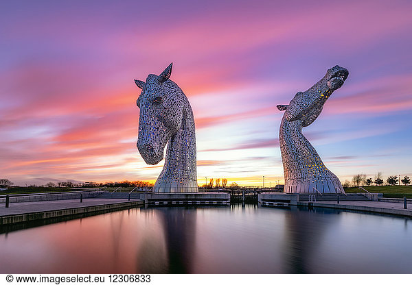 United Kingdom  Scotland  Falkirk  Sculptures The Kelpies by Andy Scott in the evening light