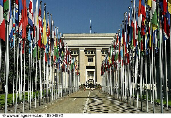 United Nations  UNO  UN  Flag Court  Palais des Nations  Geneva  Canton of Geneva  Switzerland  Europe