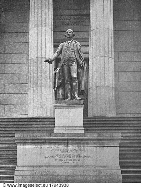 United States of America  New York City  the statue of George Washington in front of the United States Treasury in Wall Street  United States of America  the statue of George Washington in front of the United States Treasury in Wall Street  ca 1880  historical  digital reproduction of a 19th century original  original date not known