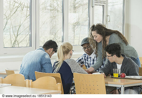University students studying in canteen and having lunch School  Bavaria  Germany