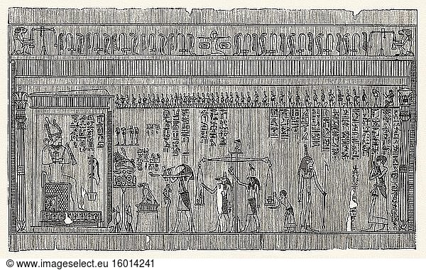 Unterirdischer Hof des Osiris für das Totengericht  Theben  altes Ägypten. Alte gestochene Illustration aus dem 19. Jahrhundert  El Mundo Ilustrado 1880.