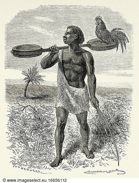 Unyamwezi Eingeborener  Tansania  Afrika. Alter Kupferstich aus dem XIX. Jahrhundert von Le Tour du Monde 1864.