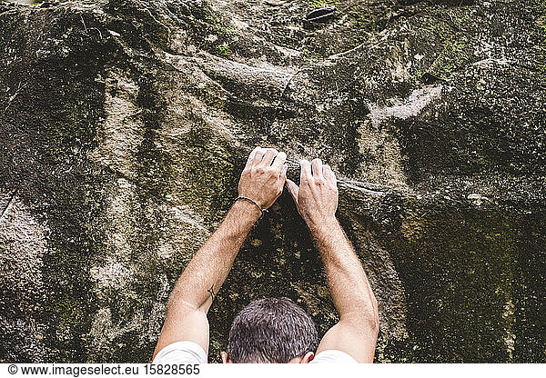 Upper part of a male climber climbing a rock