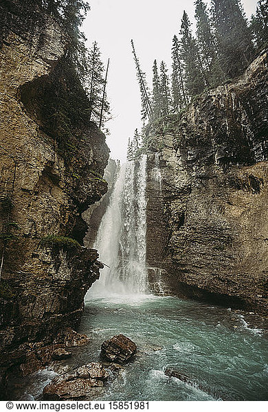 Upper waterfall of Johnston Canyon hiking trail in Alberta  Canada.