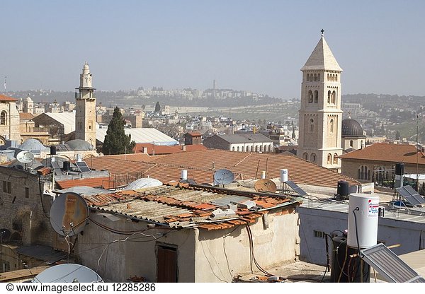 Urban aerial view of the Lutheran Church of the Redeemer at the old city of Jerusalem  Israel. As seen from Bilda  the Swedish Christian Study Centre roof top.