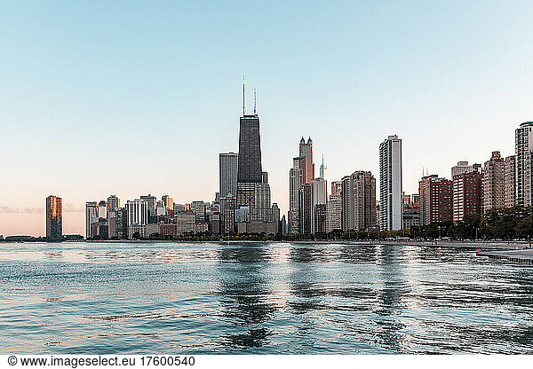 Urban waterfront skyline at dusk  Chicago  USA