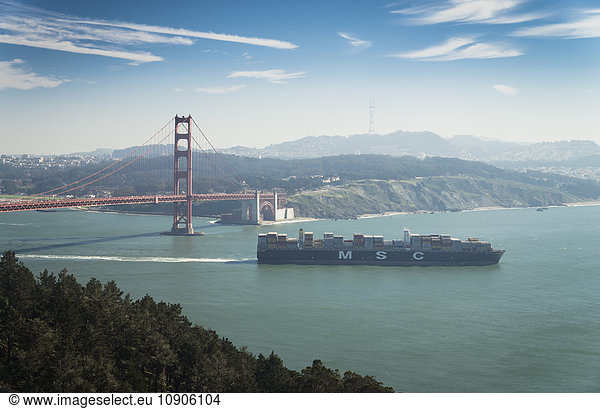 USA  California  San Francisco  container ship at Golden Gate Bridge