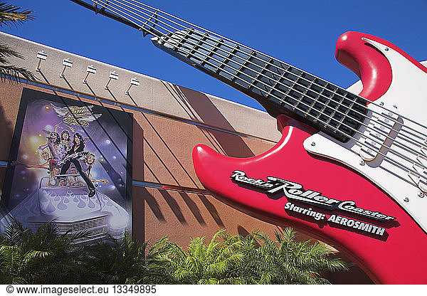 USA Florida Orlando Walt Disney World Resort. Guitar outside the Aerosmith Rock N Roller Coaster ride on Sunset Boulevard in Disney MGM Studios.