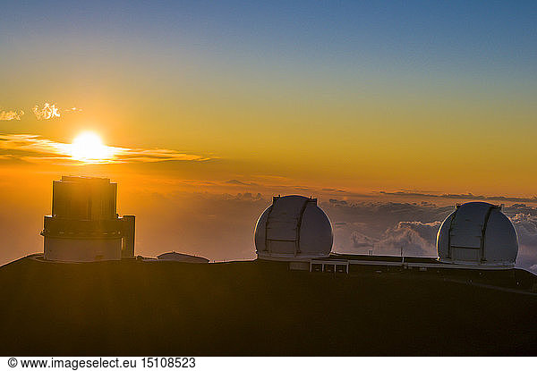 USA  Hawaii  Big Island  observatories on Mauna Kea volcano at sunset