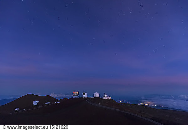 USA  Hawaii  Mauna Kea volcano  telescopes at Mauna Kea Observatories at blue hour