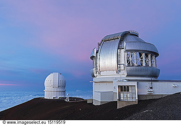 USA  Hawaii  Mauna Kea volcano  telescopes at Mauna Kea Observatories at sunset