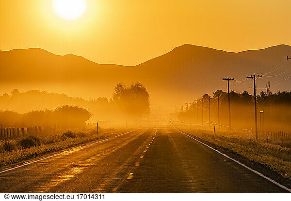 USA  Idaho  Bellevue  Empty road in fog at sunrise