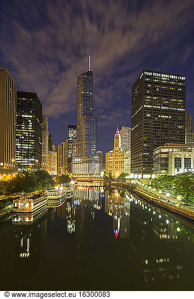 USA  Illinois  Chicago  High-rise buildings  Trump Tower at Chicago River at night