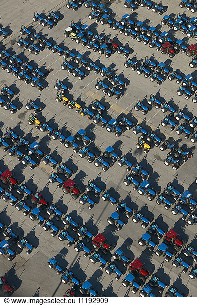 USA  Maryland  Aerial photograph of tractors lined up for shipment from the Port of Baltimore