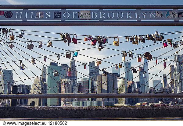 USA  New York City  Skyline und Liebesschlösser  gesehen vom Brooklyn Pier