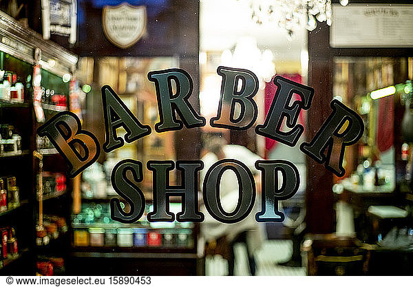 USA  New York City  Window pane of a Barber Shop