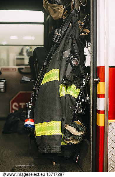 USA  New York  Fire protection suit hanging inside fire engine