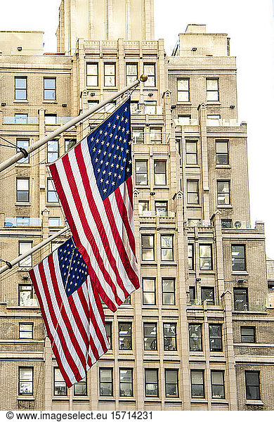 USA  New York  New York City  amerikanische Flaggen an Wolkenkratzer