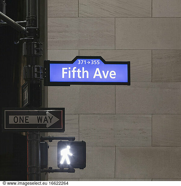 USA  New York  New York City  Fifth Avenue Schild und Fußgängerampel