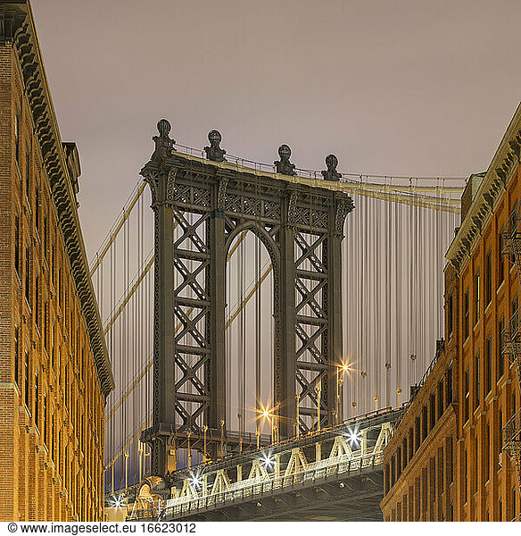 USA  New York  New York City  Manhattan Bridge illuminated at dusk