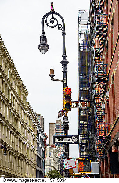 USA  New York  New York City  Stop light and street lamp