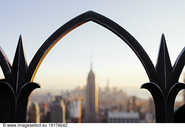 USA  New York State  New York City  View from Rockefeller Center with metal railing in foreground