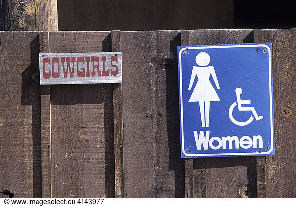 USA  United States of America  Arizona: Toilet sign in the Old Tucson Studios theme park.