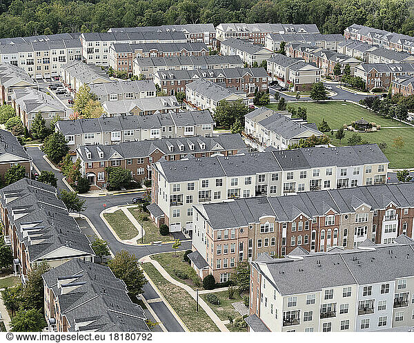 USA  Virginia  Leesburg  Aerial view of suburban houses and apartments