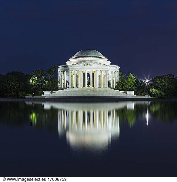 USA  Washington DC  Jefferson Memorial reflecting in Tidal Basin at night