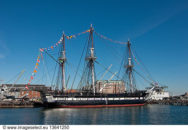 USS Constitution  Charleston Navy Yard  Boston Harbor. The USS Constitution is the world's oldest commissioned naval vessel afloat.