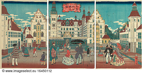 Utagawa Hiroshige II (Shigenobu)  1826–1869.A Picture of Prosperity: America (Amerika shin no zu)  1861.Color woodblock print  oban triptych  37.2 × 75.2 cm.Inv. No. 1926.1787 Chicago  Art Institute.