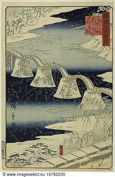 Utagawa Hiroshige II (Shigenobu)  1826–1869.Kintai Bridge at Iwakuni  Suo (Boshu) Province from the series “One Hundred Famous Views of the Various Provinces   1859.Color woodblock print  34.8 × 22.9 cm.Inv. No. 1990.607.68 Chicago  Art Institute.