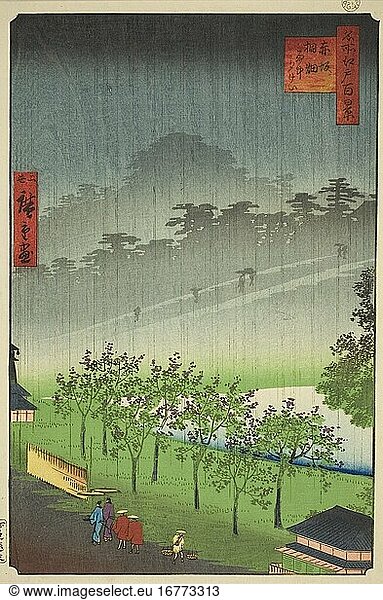 Utagawa Hiroshige II (Shigenobu)  1826–1869.Night Rain at the Paulownia Grove at Akasaka (Akasaka Kiribatake uchu yukei)  from the series “One Hundred Famous Views of Edo (Meisho Edo hyakkei) '  1859.Color woodblock print  oban.Inv. No. 1938.539 Chicago  Art Institute.