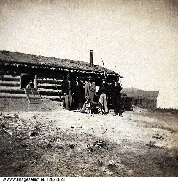 UTAH: RAILROAD WORKERS. Log cabin of Union Pacific railroad workers at Quaking Asp Hill in Utah. Stereograph  c1870.