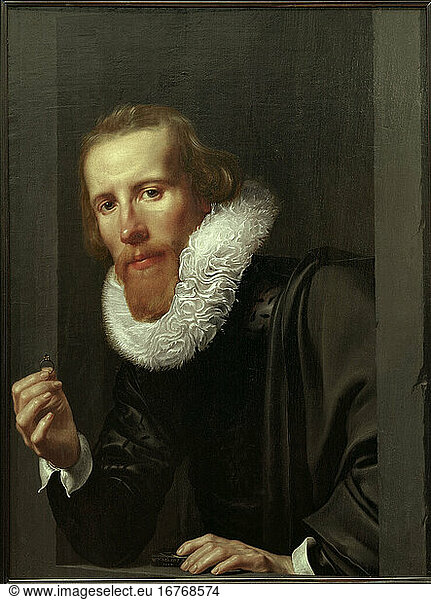 Valckert  Werner van den c. 1585 – 1627/28. “Portrait of a man with a ring   1617. (The Leiden goldsmith Bartholomeus Jansz. van Assendelft  1585–1659  holding a touchstone).
Oil on wood  65 × 49.5cm.
Amsterdam  Rijksmuseum.