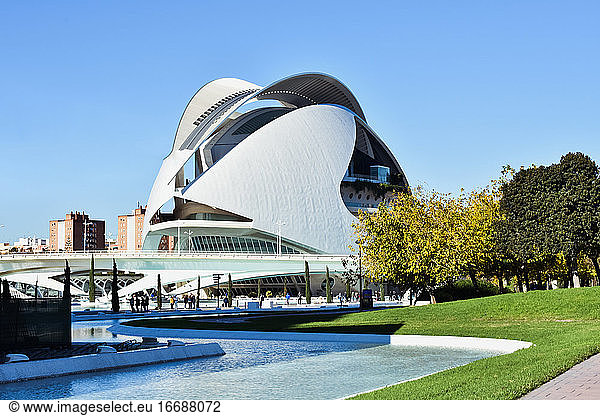 VALENCIA   SPAIN ; 11 24 2018 : VIEW OF THE PALACE OF OPERA IN VALENCIA WITH THE OUTDOOR GARDEN AND THE CANAL
