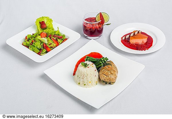 Valentine's day special dinner course food platter on isolated white background. Valentine's meal platter. Valentine's day food offer.