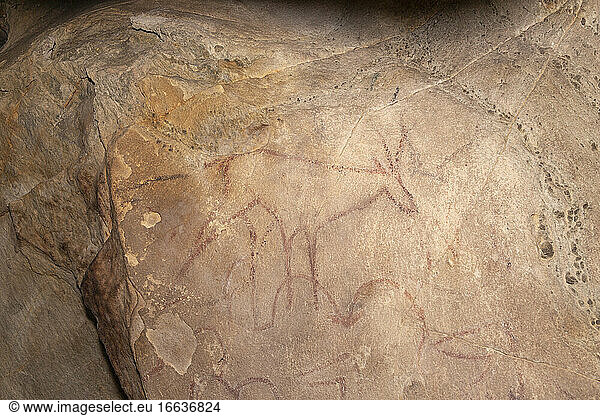 Valley of rock paintings  rock paintings in a cave  dated about 13000 years ago  Altai mountains  West Mongolia  Mongolia