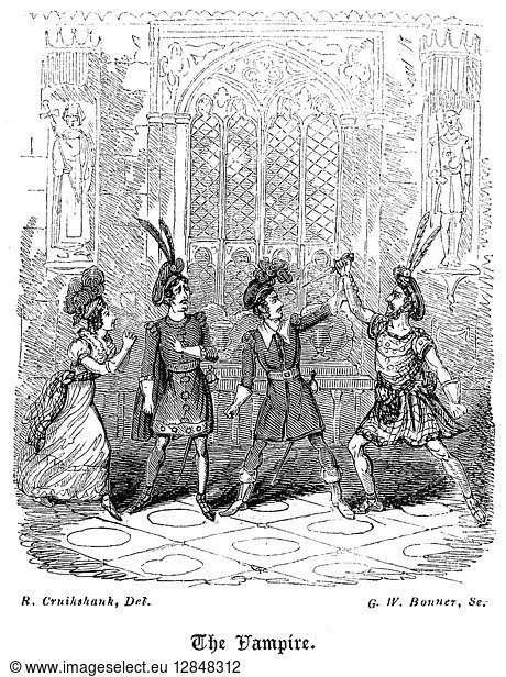 VAMPIRES  1829. Illustration to a published version of J.R. Planché's two-act melodrama  'The Vampire: or  the Bride of the Isles ' first performed at London in 1829. Wood engraving  c1830  after a drawing by Robert Cruikshank.