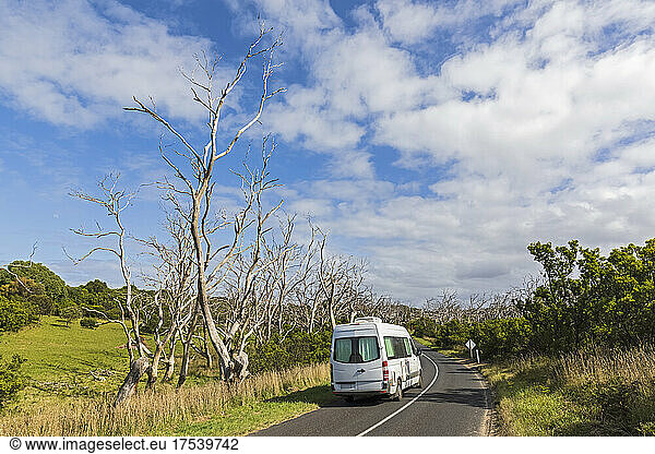 Van driving along asphalt stretch of Great Ocean Road in summer
