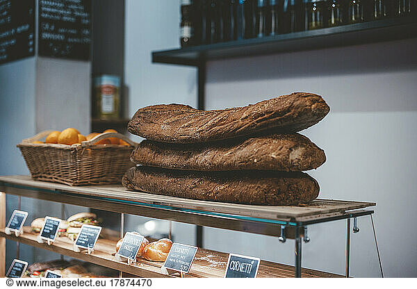 Varieties of bread on display in cafe