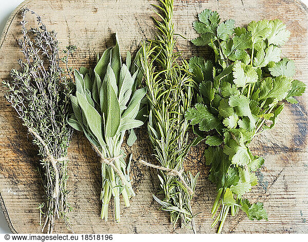 Variety of fresh green herbs on wooden table at home