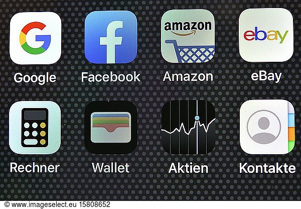 Various software apps on display of an Apple iPhone  Baden-Württemberg  Germany  Europe