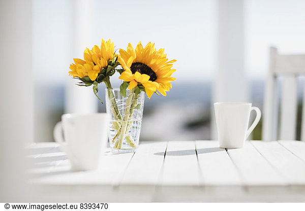Vase of flowers and coffee cups on kitchen table