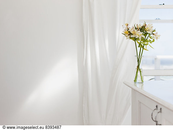 Vase of flowers on desk in white room