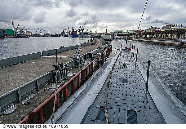 Vasilievsky Island  near Universitetskaya Naberezhnaya  the S-189 Submarine Museum  a craft built in the 1950s  view of the deck from the coning tower.