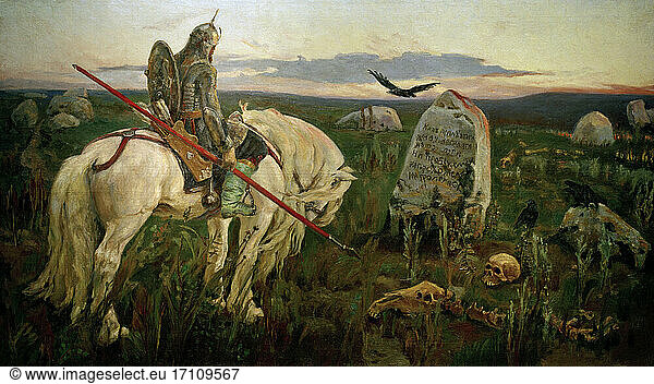 Vasnetsov  Viktor Mikhailovich 1848–1926. “A Knight at the Crossroads   1878–1881. (Russian hero of folk fairy tales).
Oil on canvas  114 × 200 cm.
Moscow  private collection.